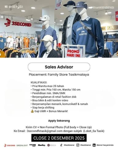 Lowongan Kerja Sales Advisor 3Seconds Tasikmalaya