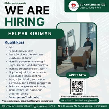 Lowongan Pekerjaan Helper Kiriman di CV Gunung Mas 138