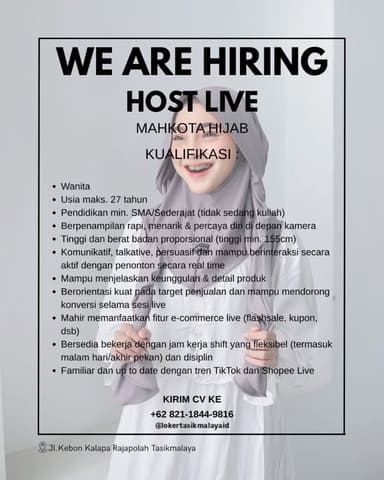 Lowongan Pekerjaan Host Live di Mahkota Hijab